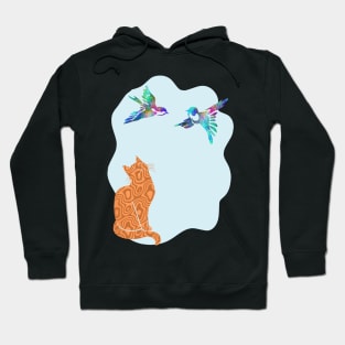 Camouflage Orange Cat Watching Birds Silhouette Art Hoodie